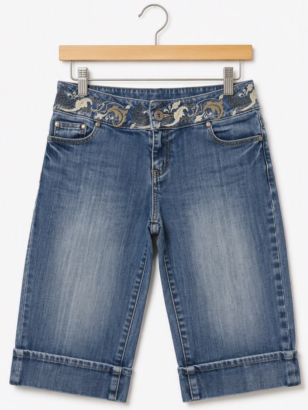 Vintage Y2K Point Zero Nicole Benisti Paisley Tapestry Denim Capri Jorts 5/6